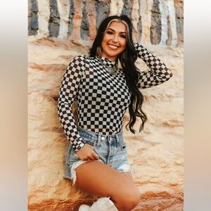 SOLD LOCALLY - Checkered Long Sleeve Mesh Top